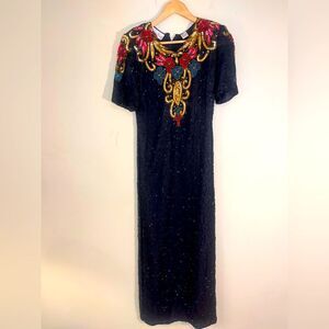 VTG LAURENCE KAZAR Black Beaded Sequin Design Silk Dress S
